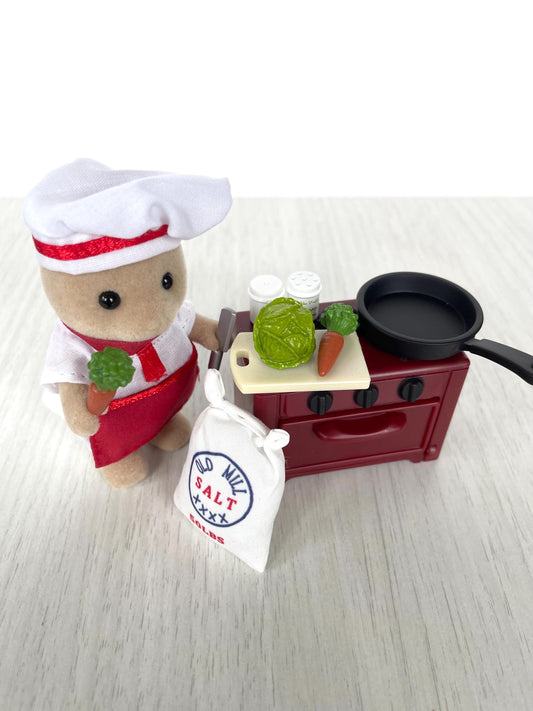 Vintage Bear Chef with Red Stove, Calico Critters Sylvanian Families