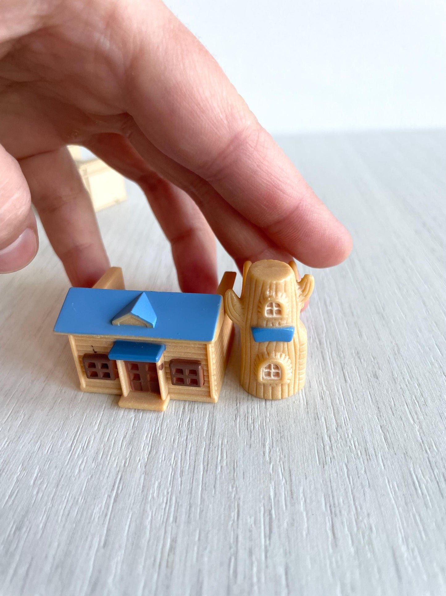 Miniature dollhouse replacement parts from vintage Sylvanian Toy Shop, Calico Critters tiny dollhouses with toy boxes and magazines