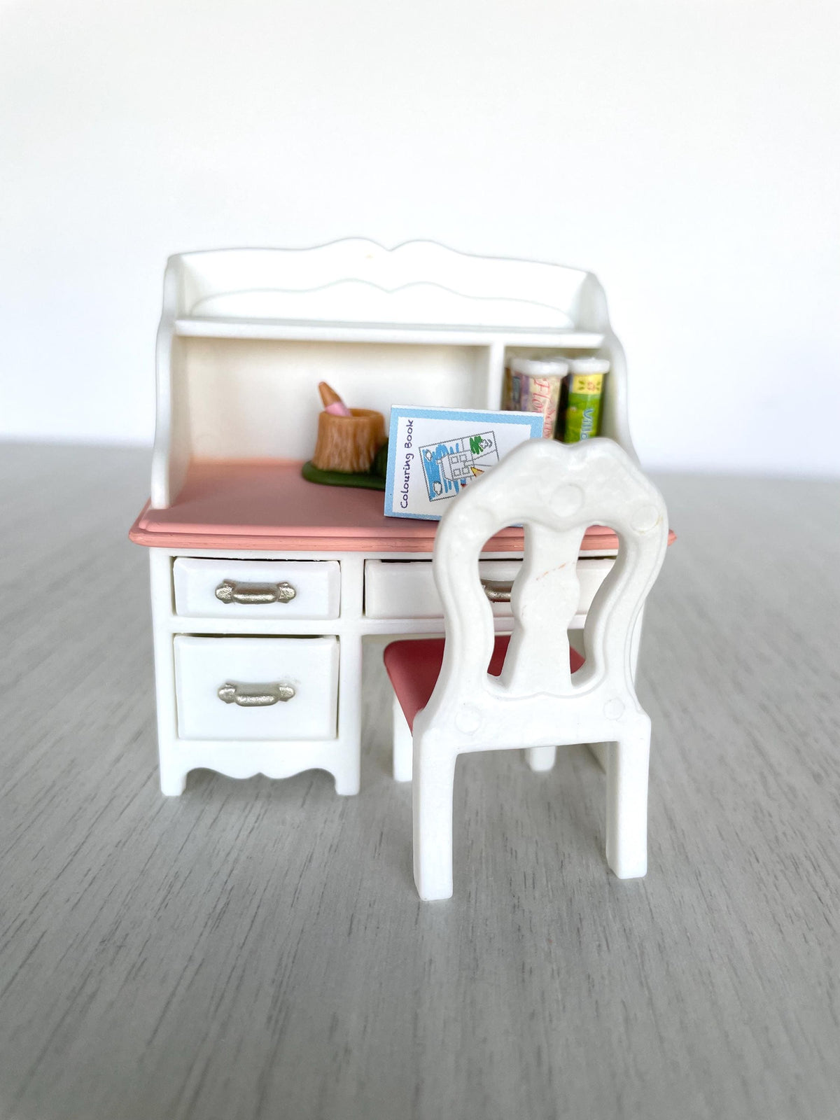 Dollhouse desk, miniature furniture, Calico Critters pink and white desk with chair, pencil, books, colouring book all in new condition