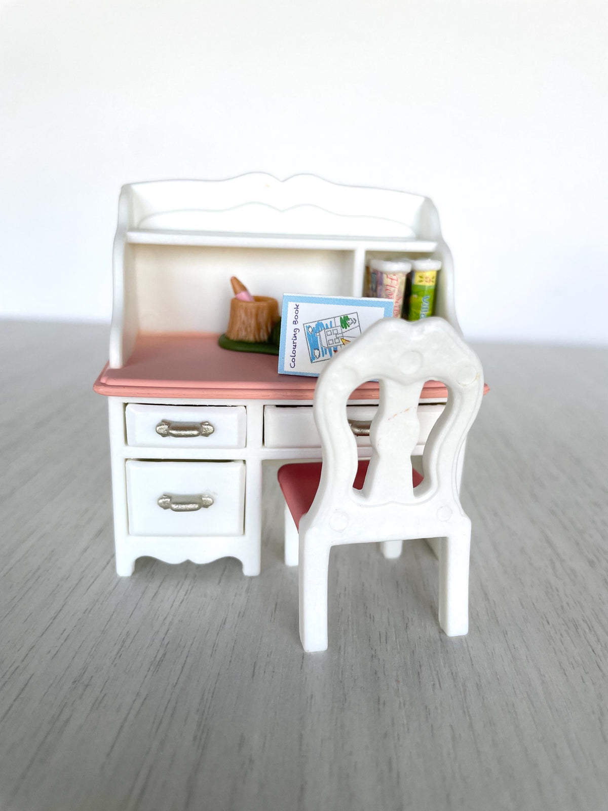 Calico Critters Dollhouse Desk, Sylvanian Families pink and white desk with chair, pencil, books, colouring book, all in new condition, photo 3