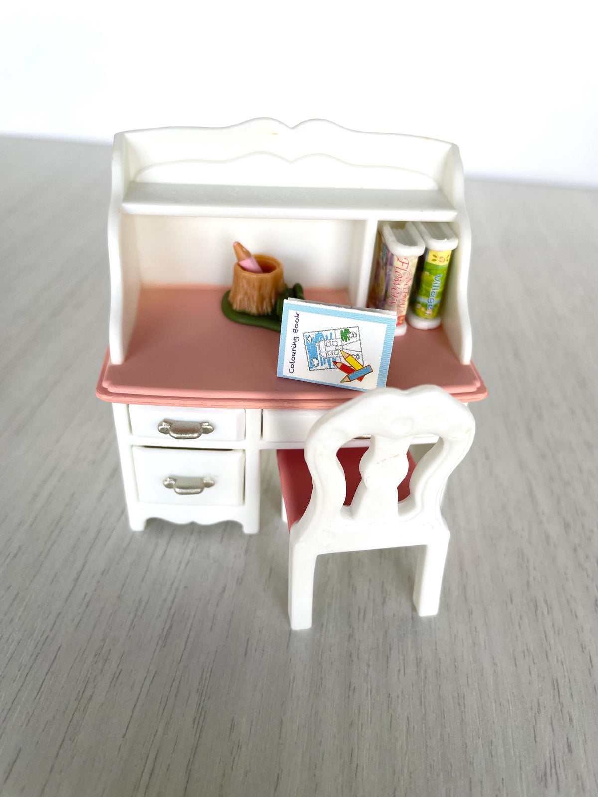 Calico Critters Dollhouse Desk, Sylvanian Families pink and white desk with chair, pencil, books, colouring book, all in new condition, photo 7