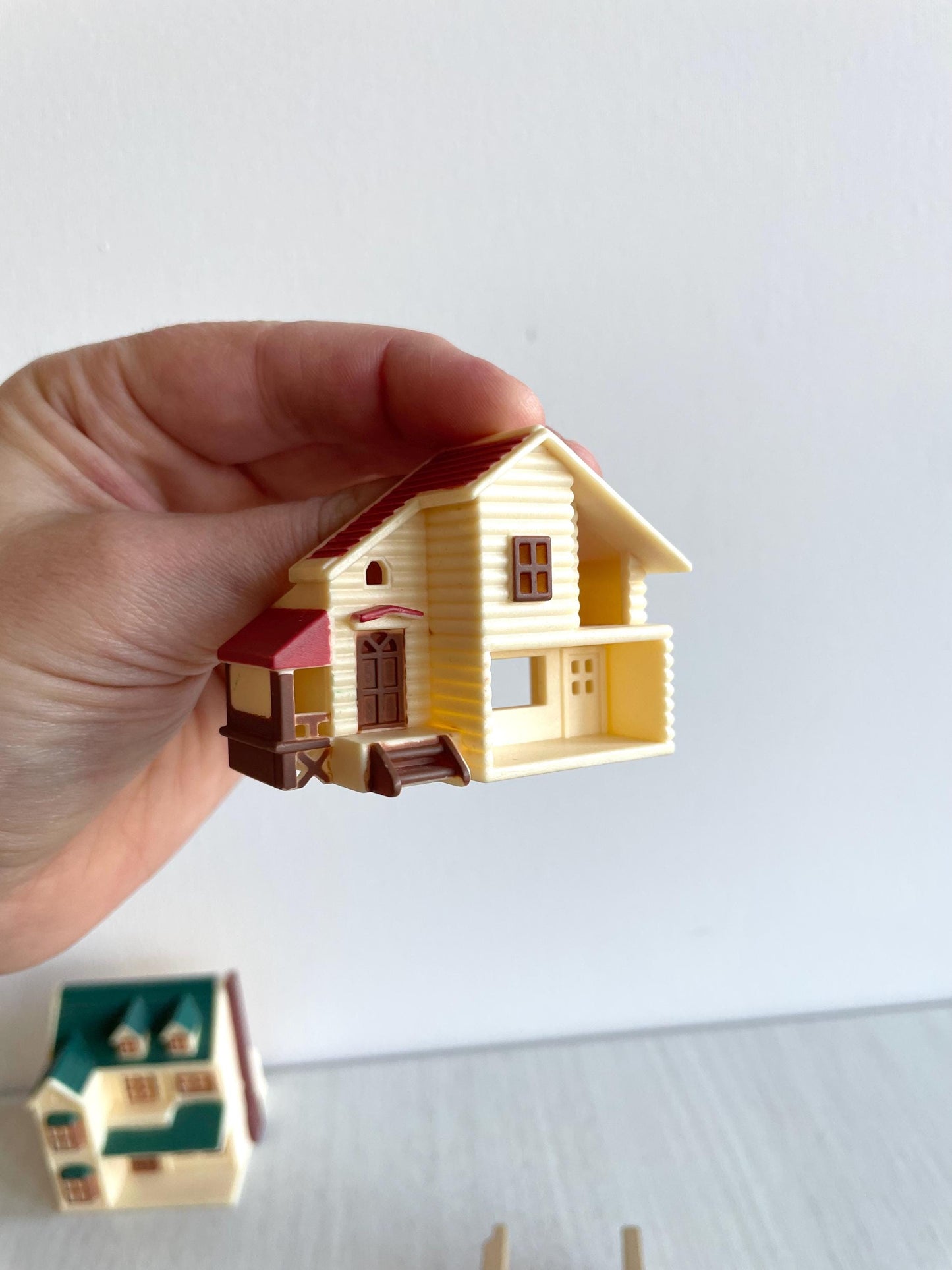 Miniature dollhouse replacement parts from vintage Sylvanian Toy Shop, Calico Critters tiny dollhouses with toy boxes and magazines