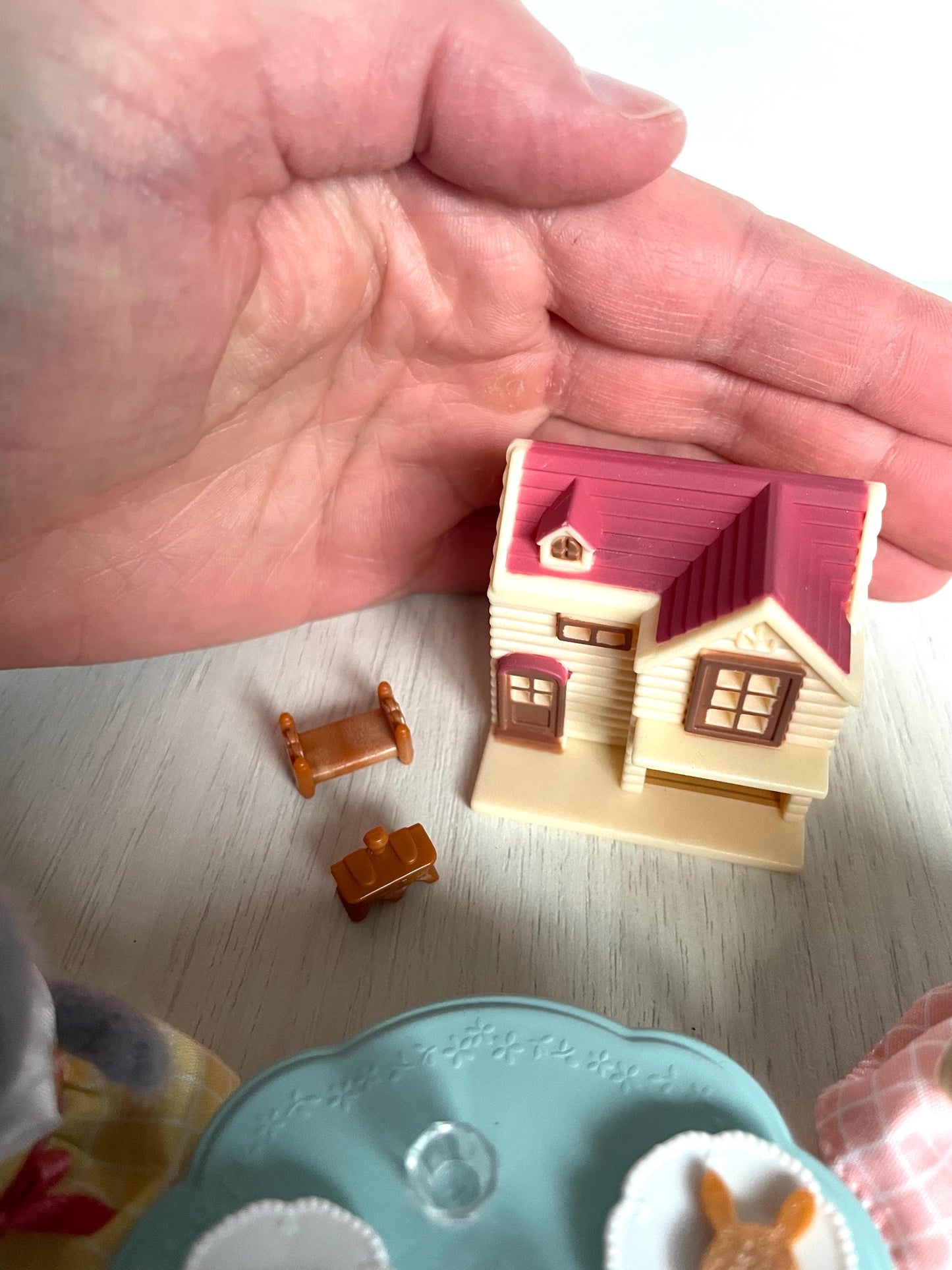 Miniature Calico Critters dollhouse and girl's bedroom set with blue bed, tea time party table & grey Persian cat girl + sweet pea rabbit — Sylvanian Families