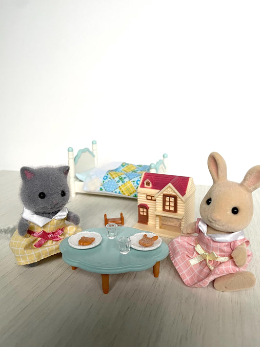 Miniature Calico Critters dollhouse and girl's bedroom set with blue bed, tea time party table & grey Persian cat girl + sweet pea rabbit