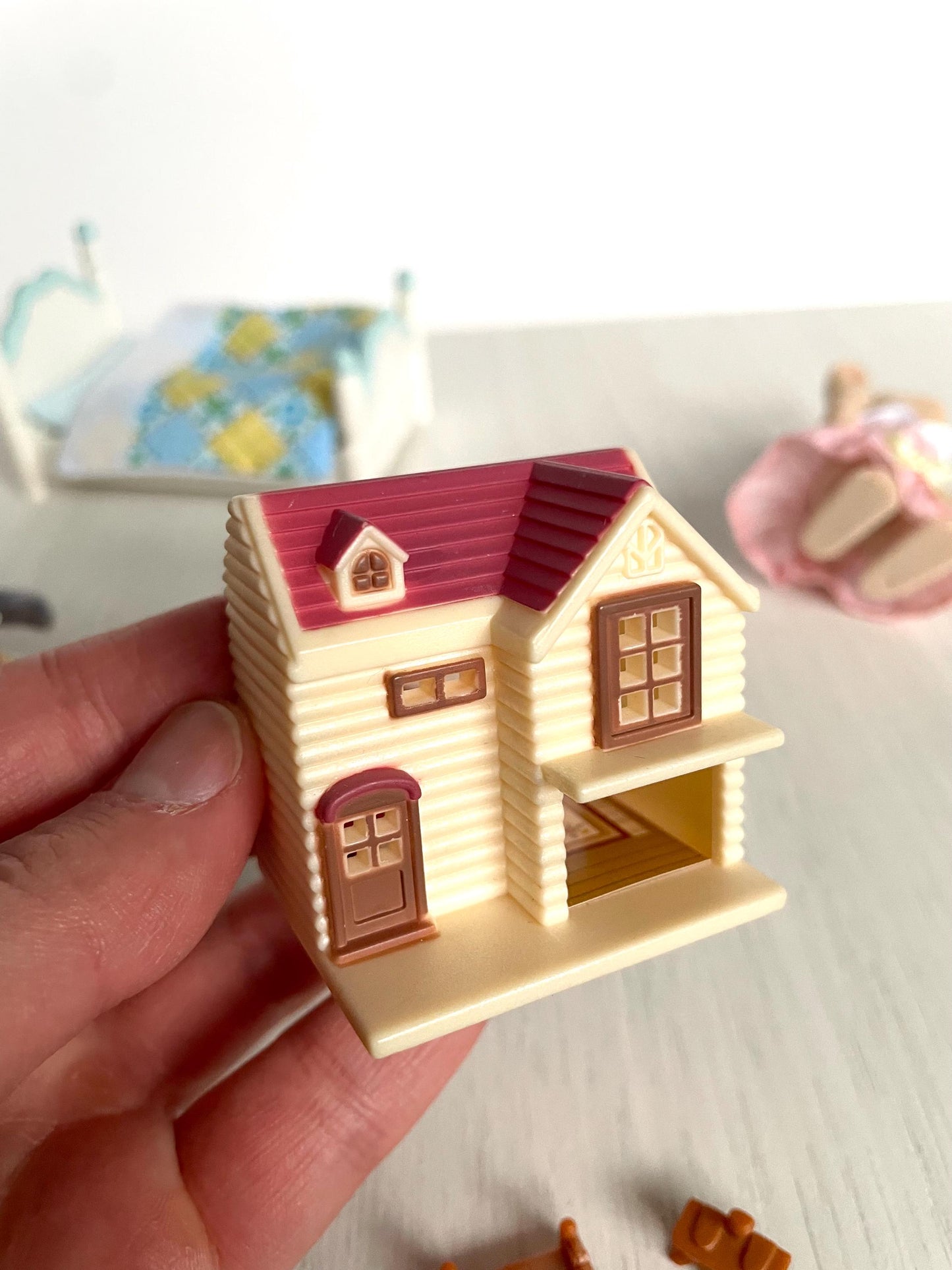 Miniature Calico Critters dollhouse and girl's bedroom set with blue bed, tea time party table & grey Persian cat girl + sweet pea rabbit — Sylvanian Families
