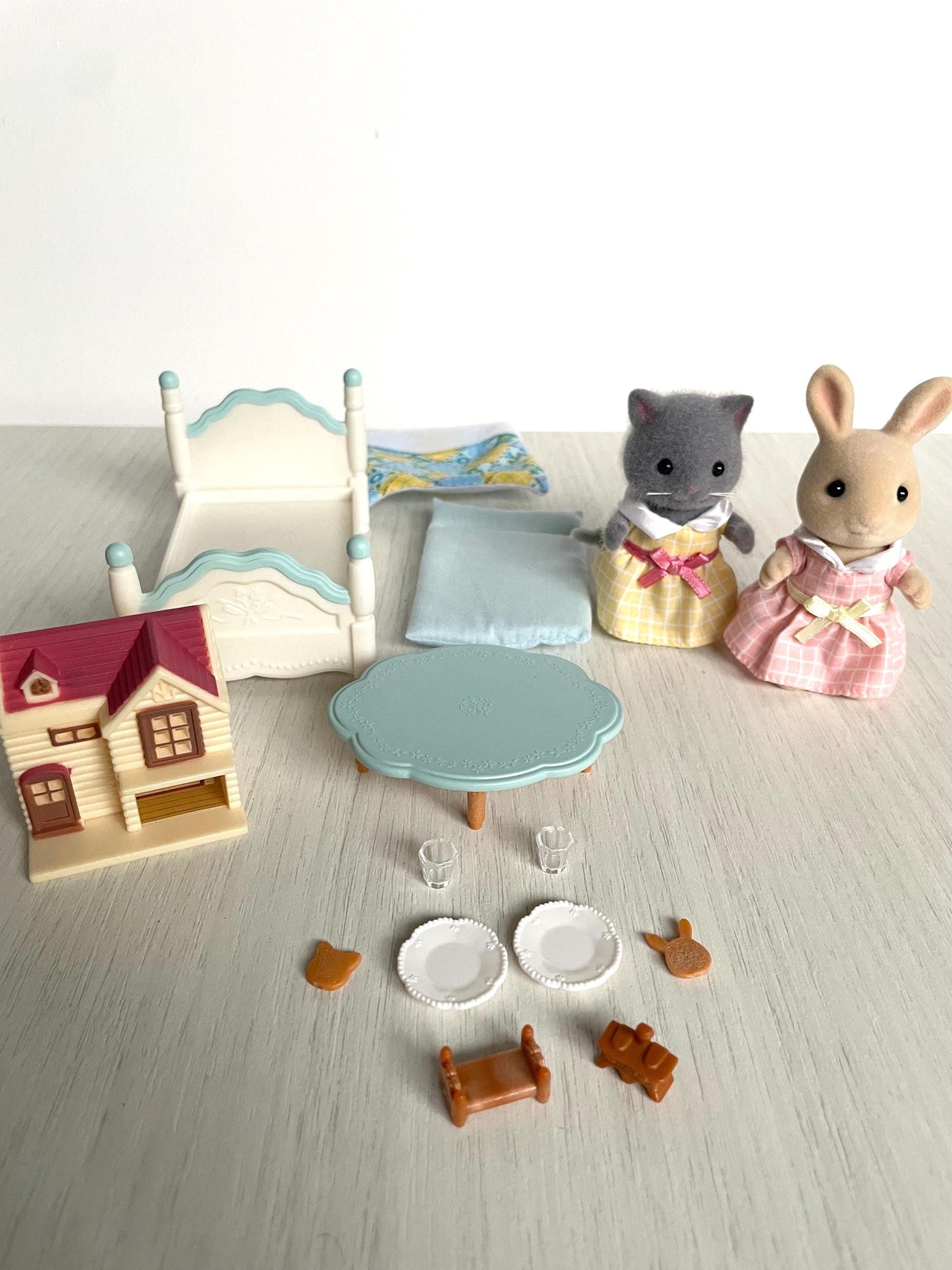 Miniature Calico Critters dollhouse and girl's bedroom set with blue bed, tea time party table & grey Persian cat girl + sweet pea rabbit — Sylvanian Families