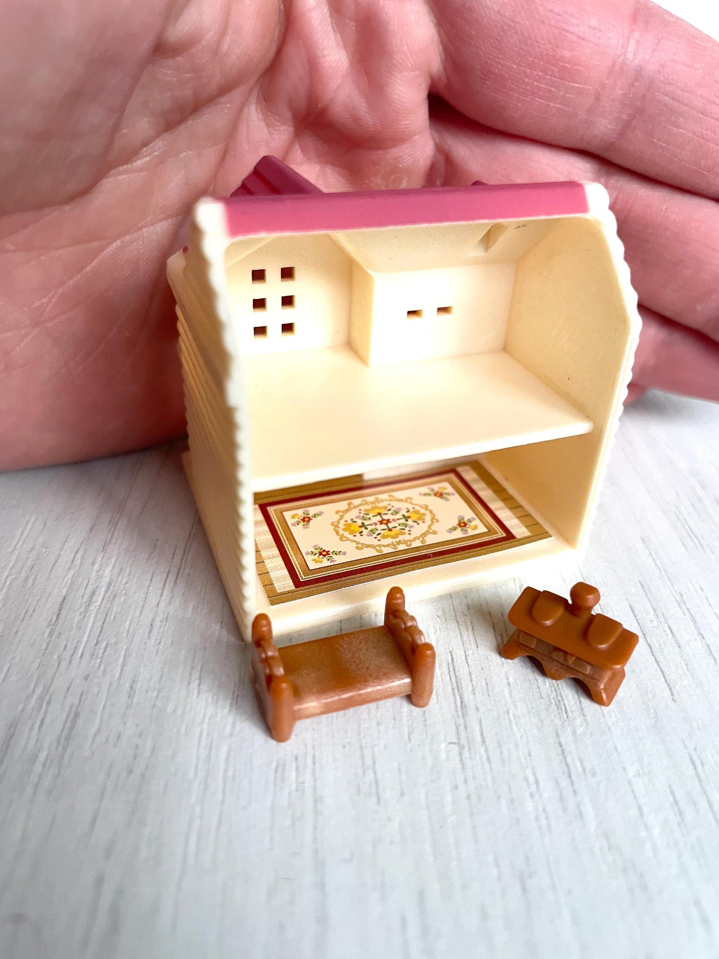 Miniature Calico Critters dollhouse and girl's bedroom set with blue bed, tea time party table & grey Persian cat girl + sweet pea rabbit — Sylvanian Families