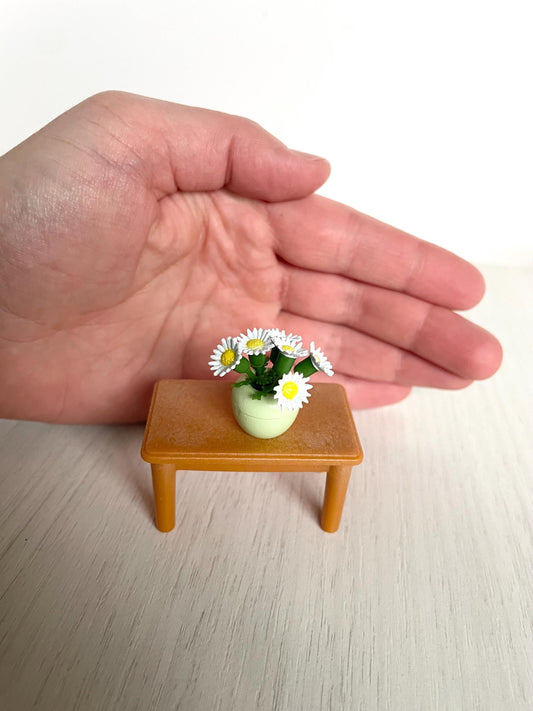 Miniature Calico Critters Side Table with Vase & White Flowers - Dollhouse Furniture, Tiny Accessories for Calico Critters, Sylvanian Families, 1:12 ScaleMiniature Calico Critters side table with vase of white flowers.