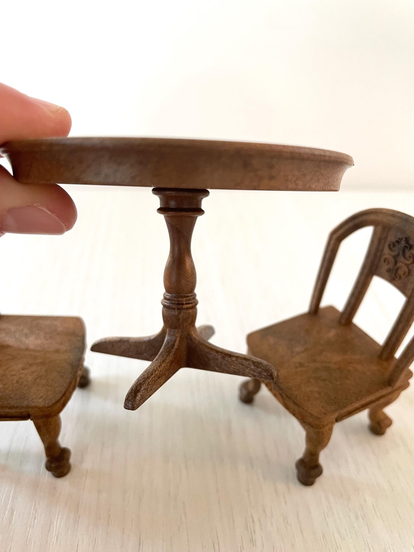 Dark brown ornate Calico Critters table with two chairs, new — Sylvanian Families