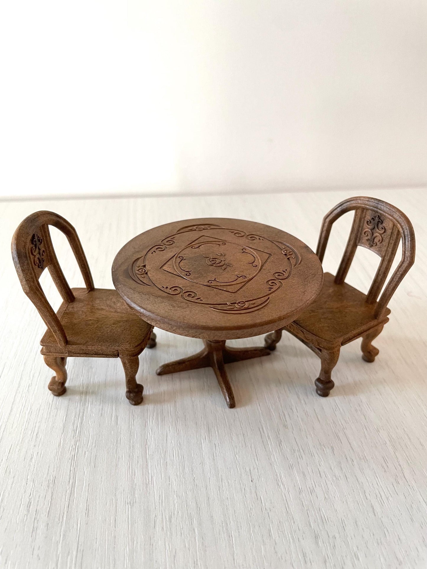 Dark brown ornate Calico Critters table with two chairs, new replacement part for kitchen or dining room, miniatures furniture for dollhouse