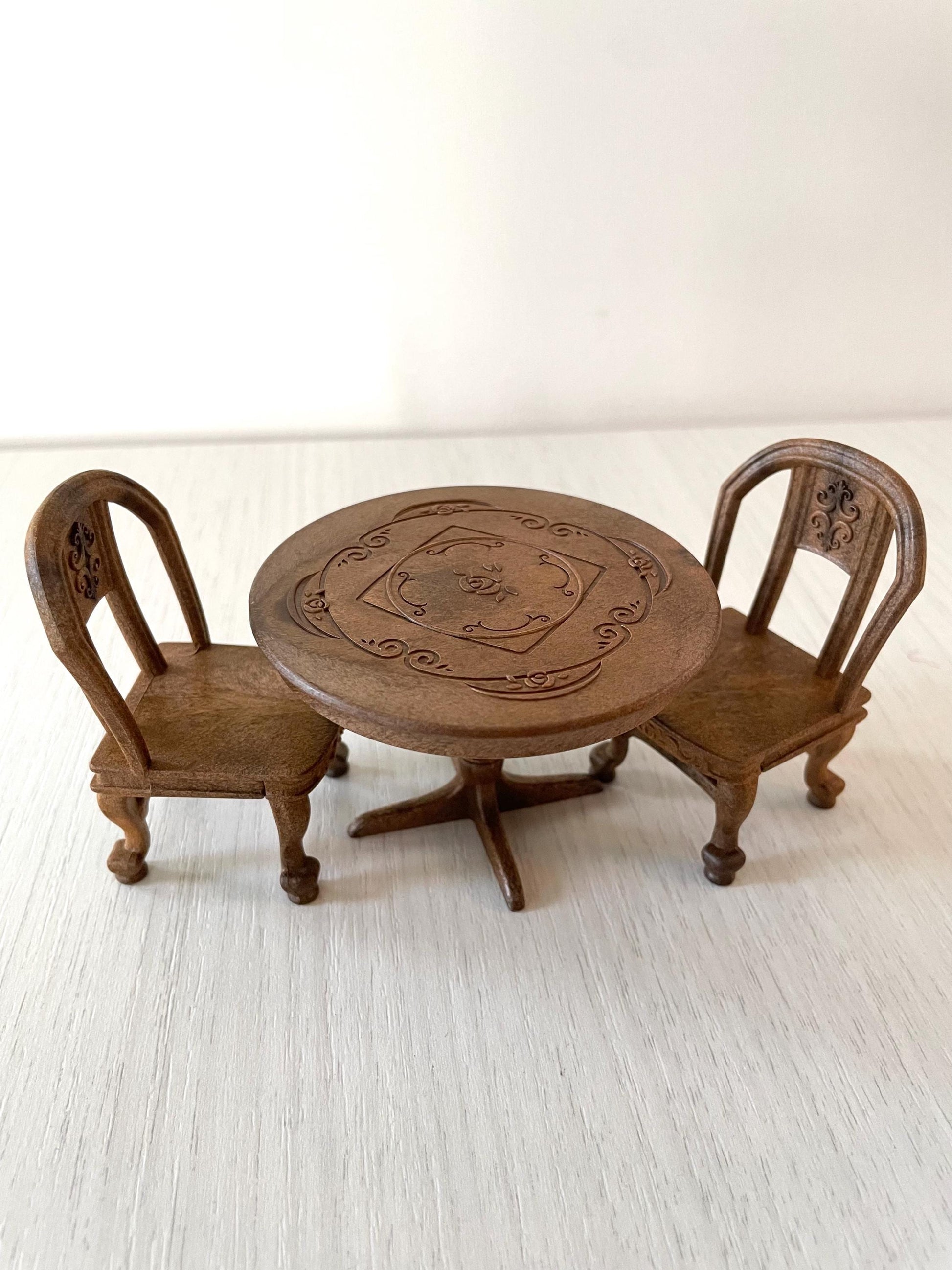 Dark brown ornate Calico Critters table with two chairs, new replacement part for kitchen or dining room, miniatures furniture for dollhouse
