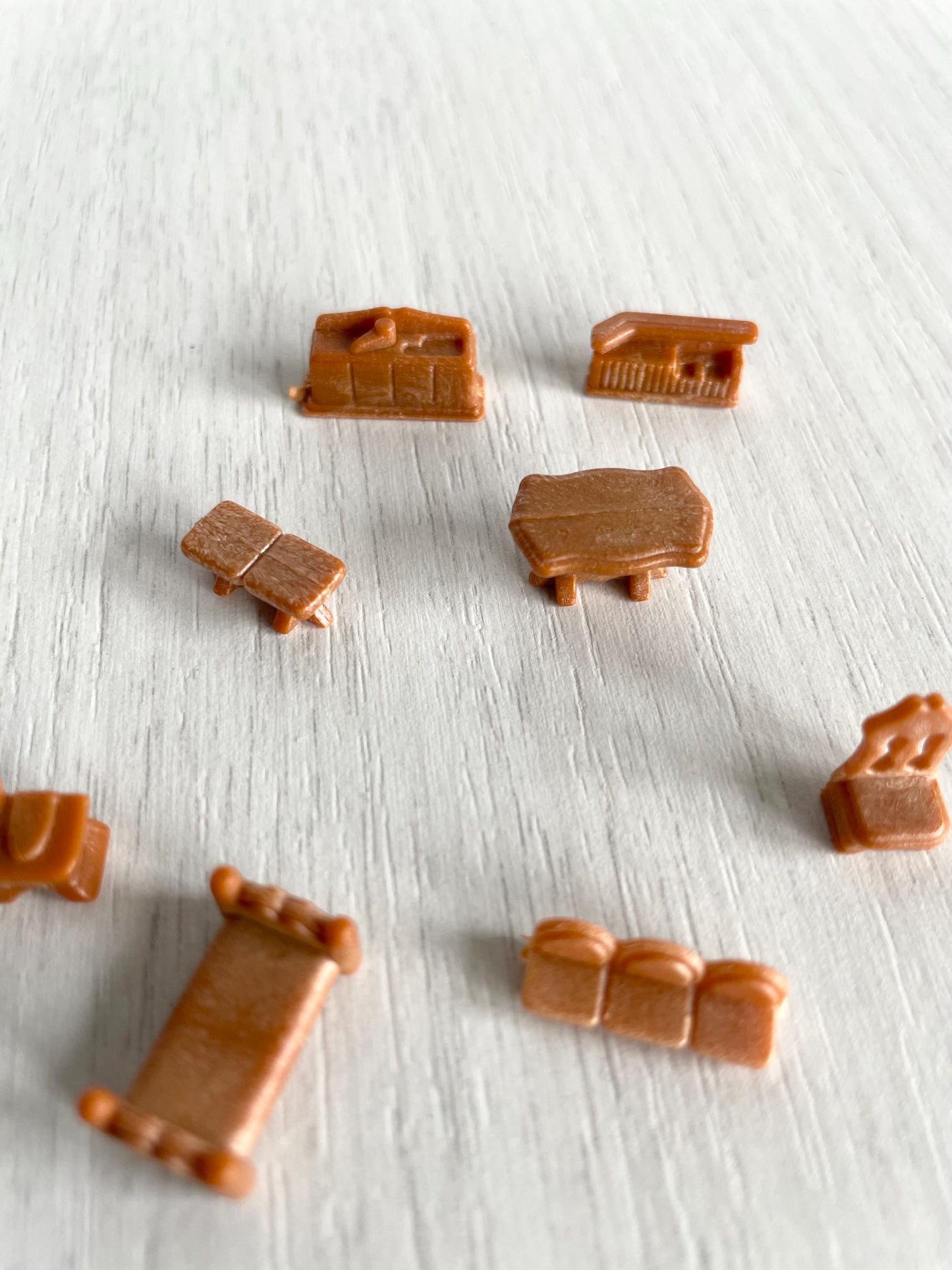 Miniature dollhouse furniture replacement parts from vintage Sylvanian Toy Shop, Calico Critters tiny brown and white furniture