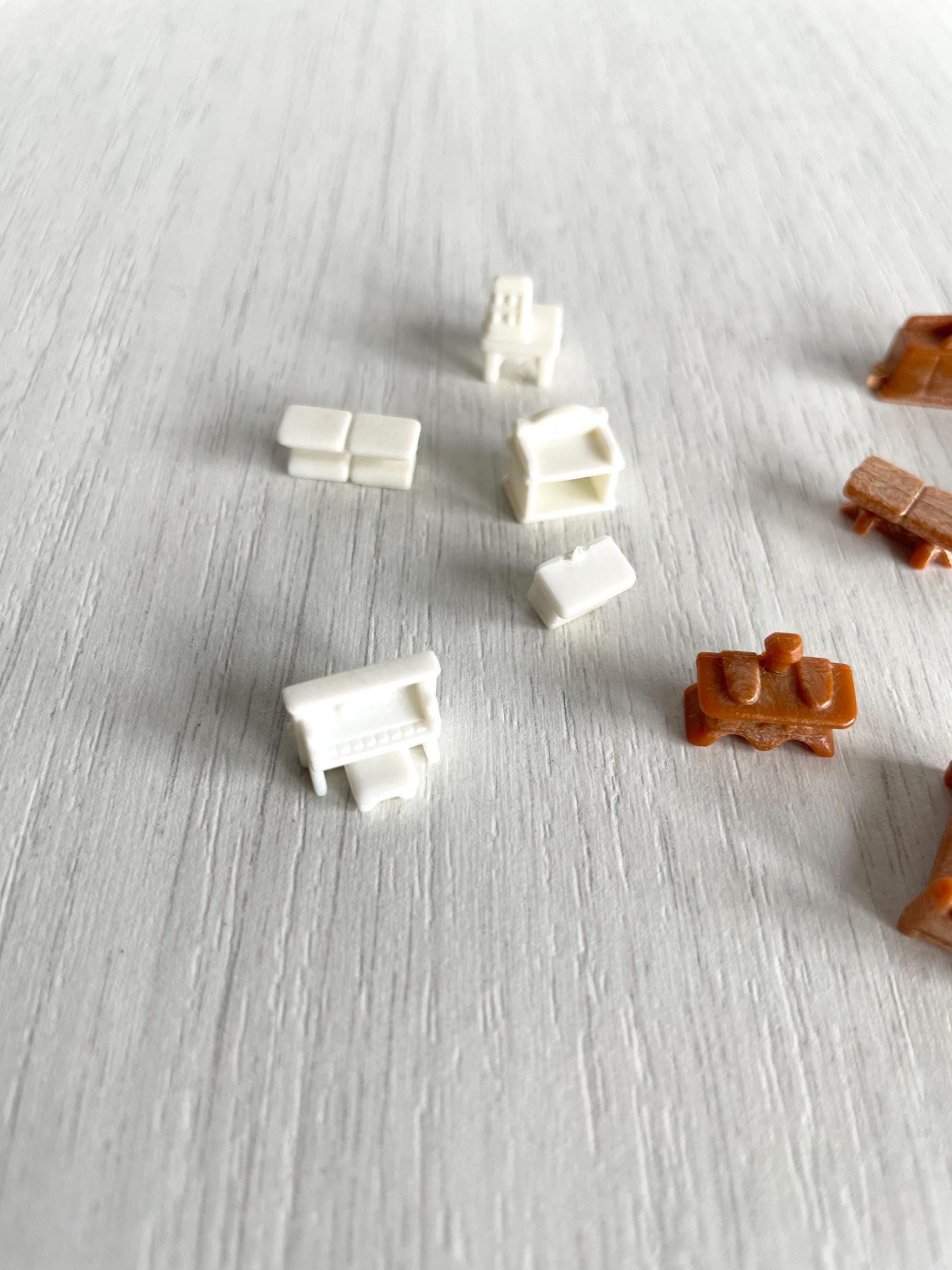 Miniature dollhouse furniture replacement parts from vintage Sylvanian Toy Shop, Calico Critters tiny brown and white furniture