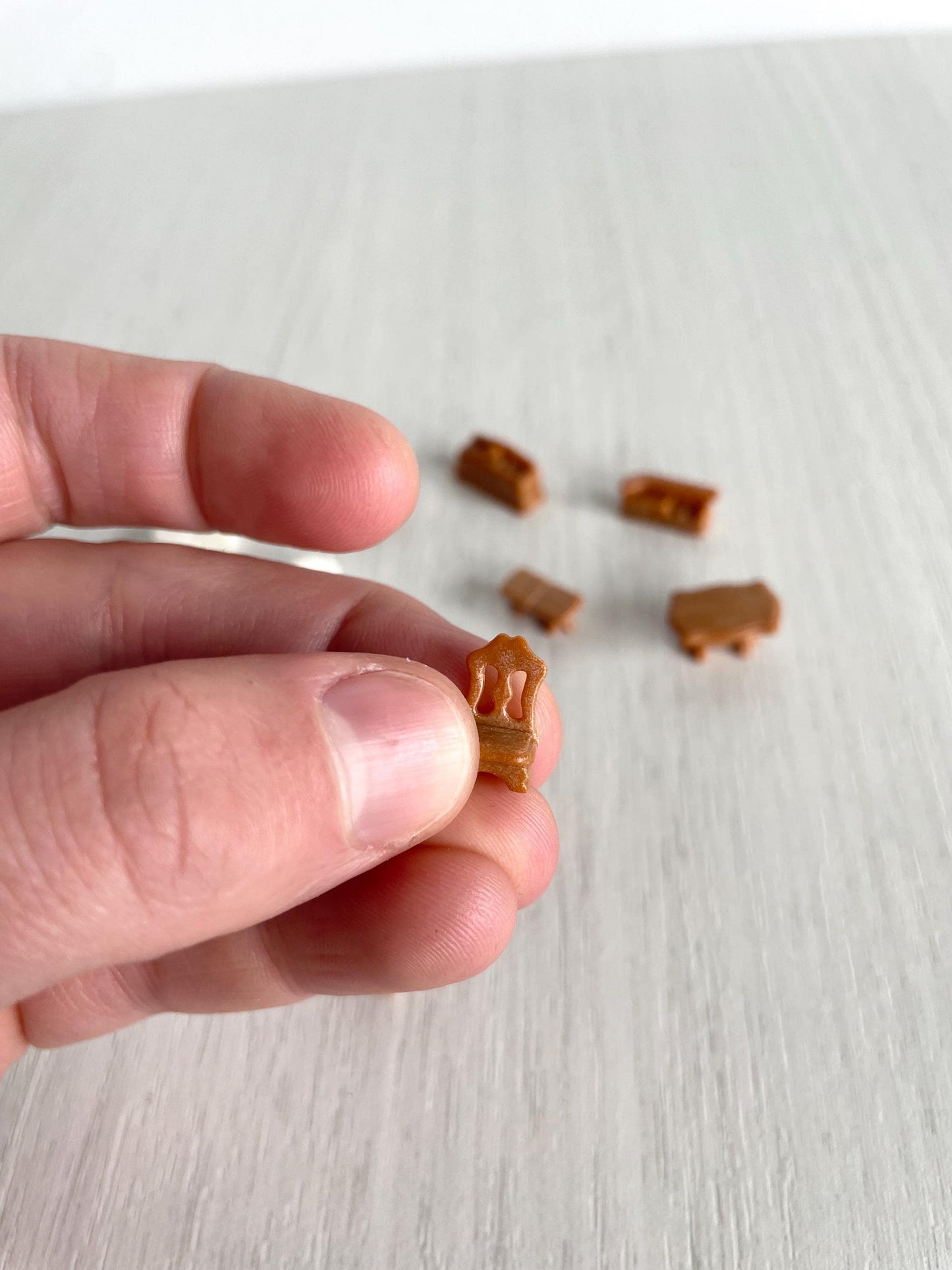 Miniature dollhouse furniture replacement parts from vintage Sylvanian Toy Shop, Calico Critters tiny brown and white furniture