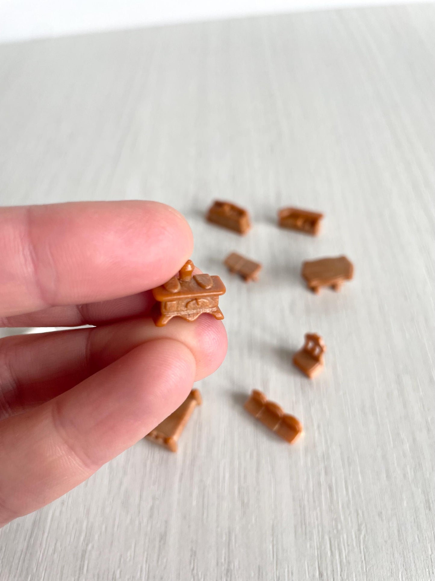 Miniature dollhouse furniture replacement parts from vintage Sylvanian Toy Shop, Calico Critters tiny brown and white furniture