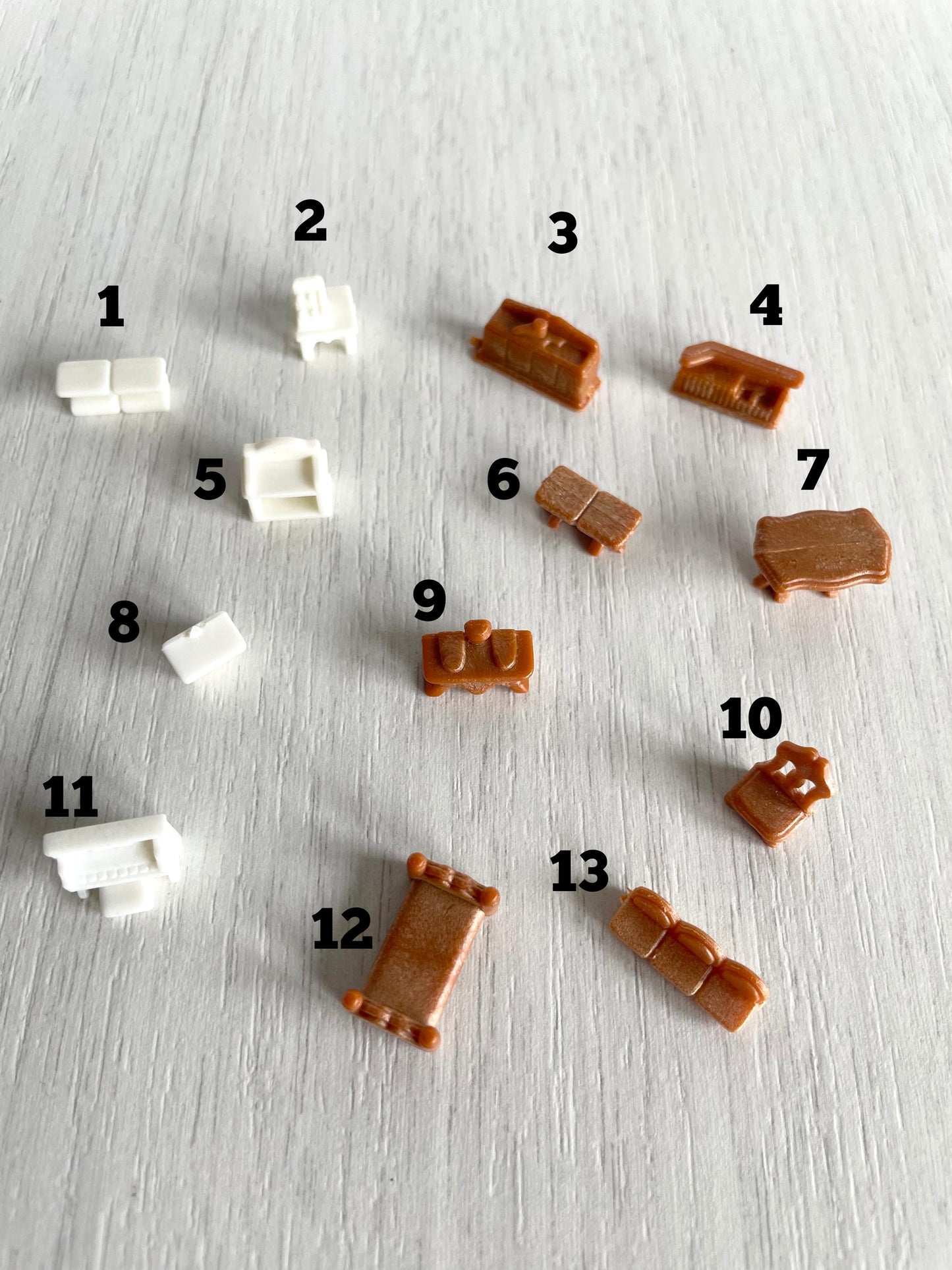 Miniature dollhouse furniture replacement parts from vintage Sylvanian Toy Shop, Calico Critters tiny brown and white furniture