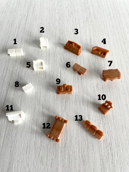 Miniature dollhouse furniture replacement parts from vintage Sylvanian Toy Shop, Calico Critters tiny brown and white furniture