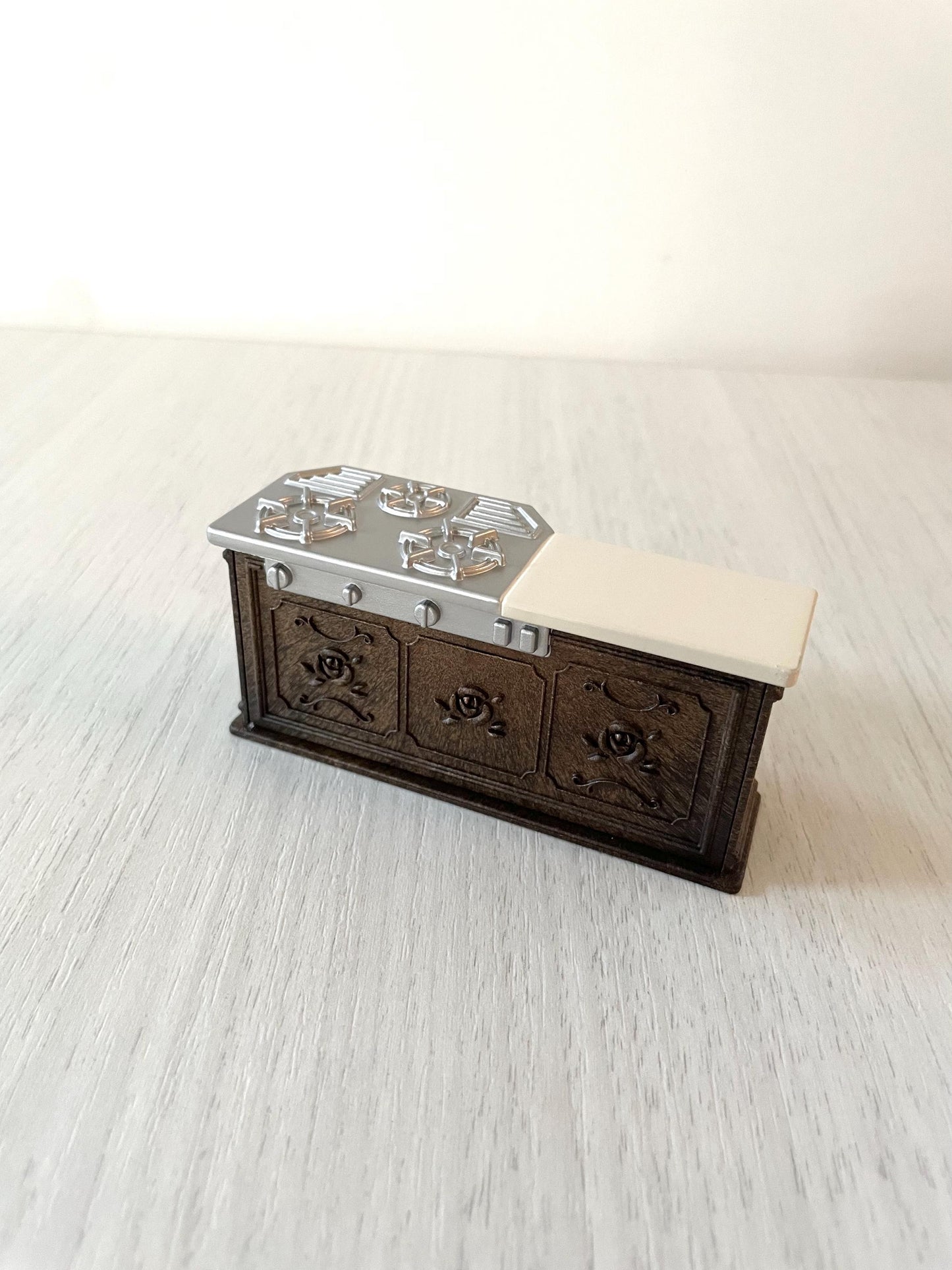 Dark brown ornate Calico Critters kitchen cabinet with chrome cooktop stove, oven replacement miniatures furniture for dollhouse — Sylvanian Families
