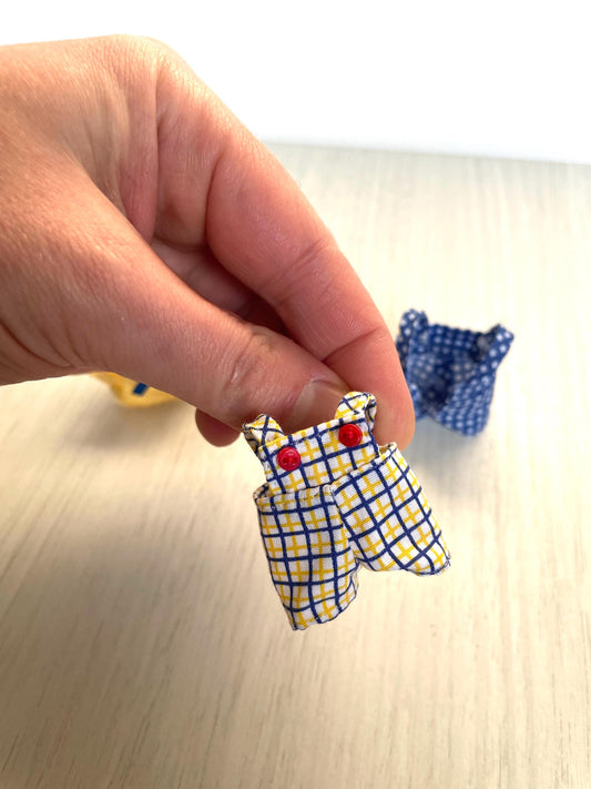 Calico Critters Sylvanian Families blue and yellow check overalls with red buttons for child brother figure