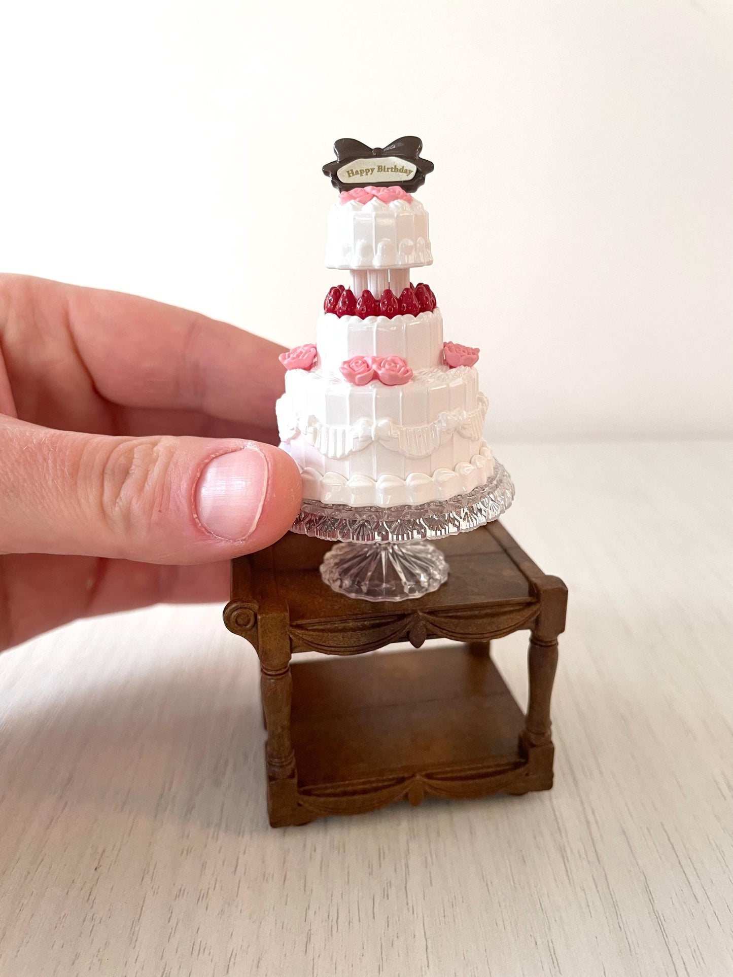 Miniature birthday or wedding cake from Calico Critters dollhouse, food cart with miniature accessories