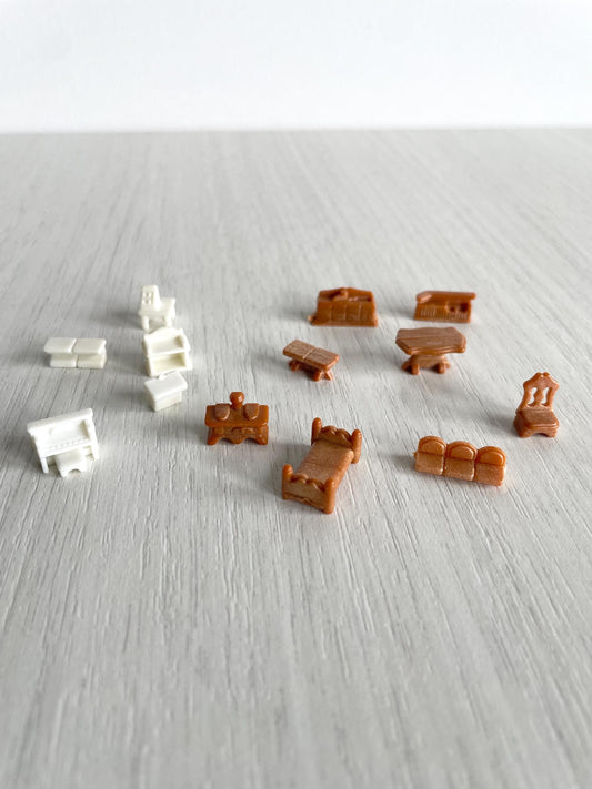 Miniature dollhouse furniture replacement parts from vintage Sylvanian Toy Shop, Calico Critters tiny brown and white furniture