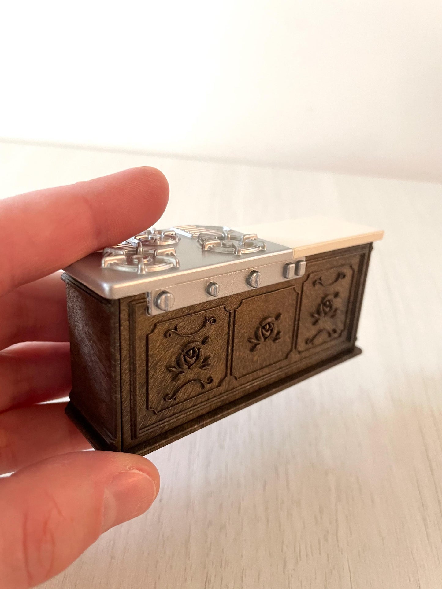 Dark brown ornate Calico Critters kitchen cabinet with chrome cooktop stove, oven replacement miniatures furniture for dollhouse — Sylvanian Families