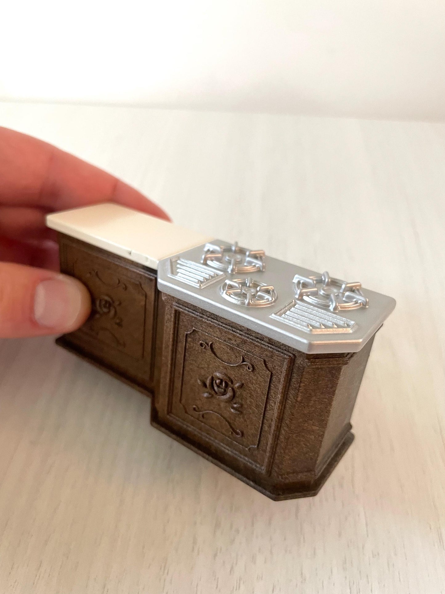 Dark brown ornate Calico Critters kitchen cabinet with chrome cooktop stove, oven replacement miniatures furniture for dollhouse — Sylvanian Families