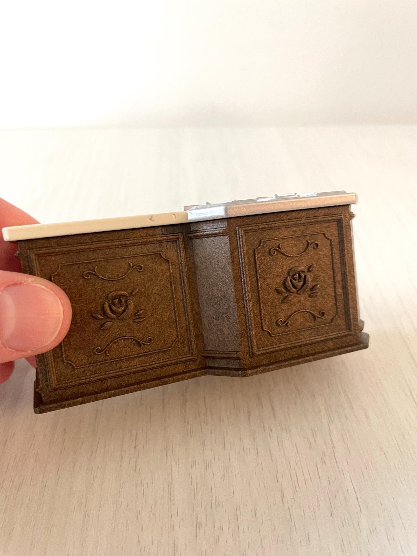 Dark brown ornate Calico Critters kitchen cabinet with chrome cooktop stove, oven replacement miniatures furniture for dollhouse — Sylvanian Families