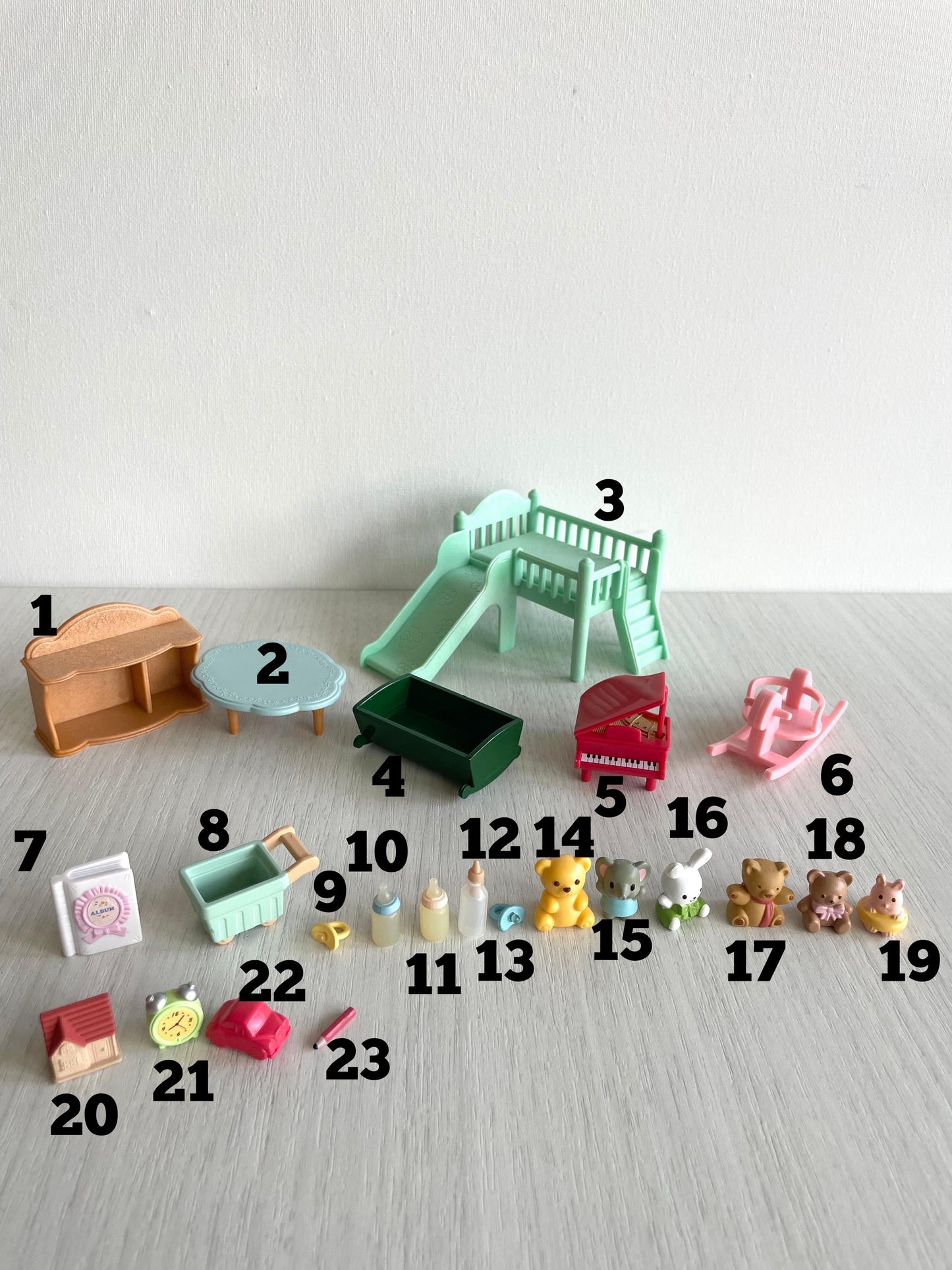 Miniature Calico Critters baby toys, pacifier, bottles, furniture — Sylvanian Families