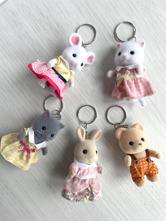 Set of Calico Critters keychains, marshmallow mouse, persian cat, sweet pea rabbit miniature animal charms, collectible keychains for backpacks, gifts for animal lovers