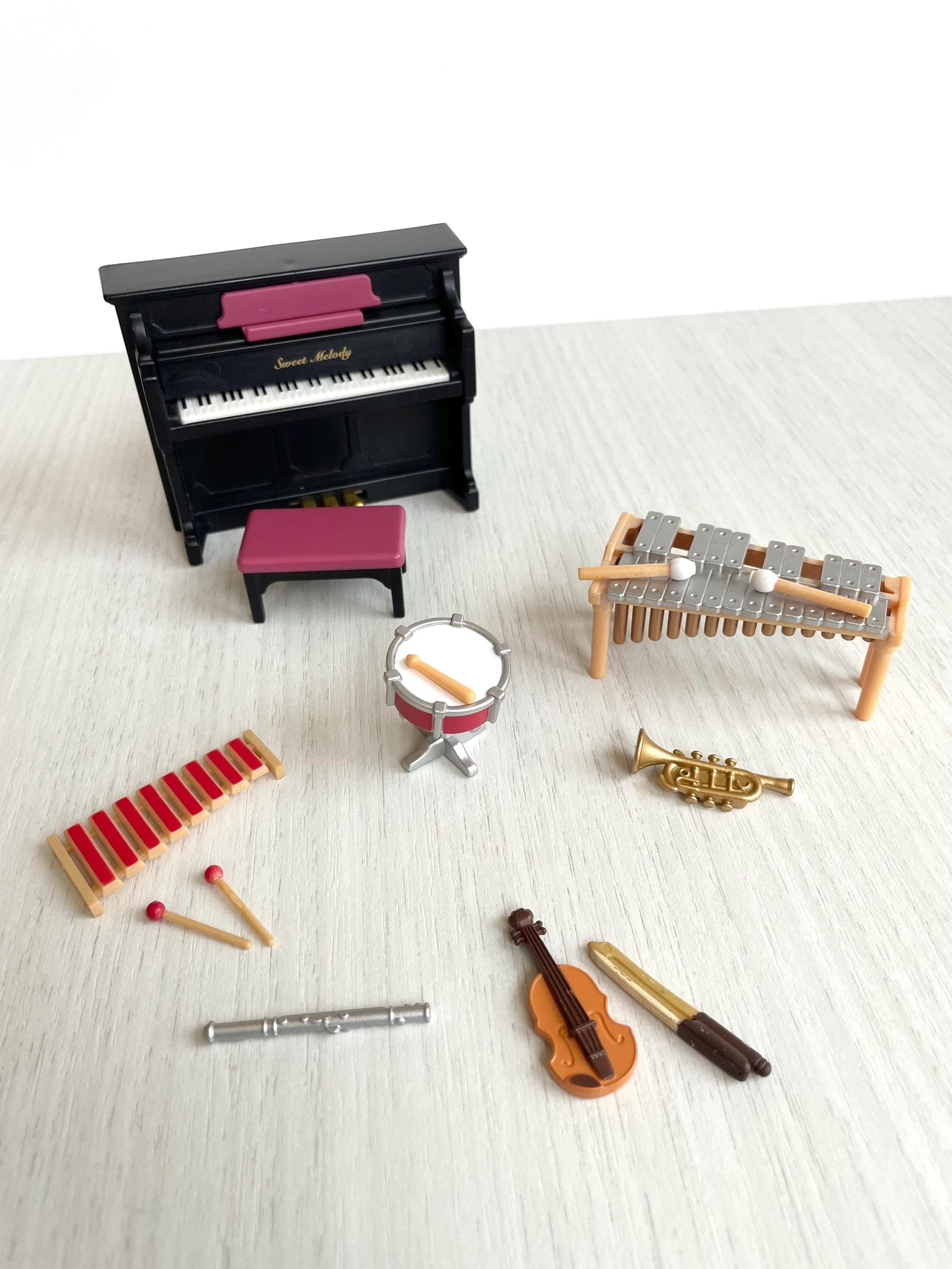 Calico Critters school band set instruments, you pick! Vintage Sylvanian families black piano, drum, xylophone, flute, trumpet, glockenspiel