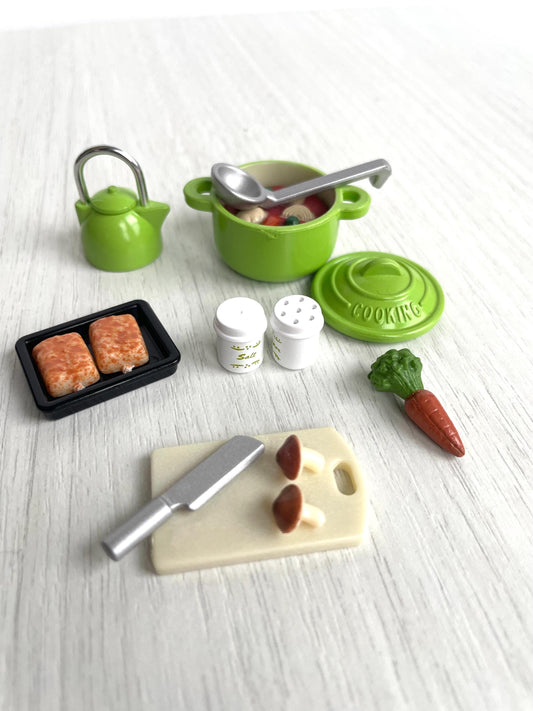 Calico Critters Kitchen accessories set with food, green pots, kettle, knife, cutting board, carrot, salt and pepper and more!