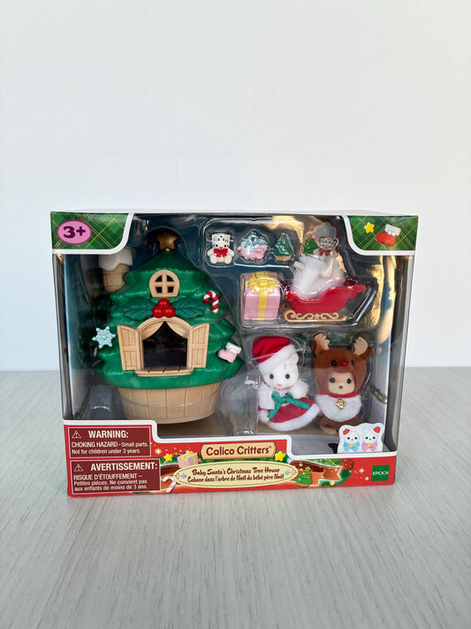 Baby Santa's Christmas Treehouse: Limited Edition Calico Critters winter themed set with snow leopard and caramel dog babies in costumes