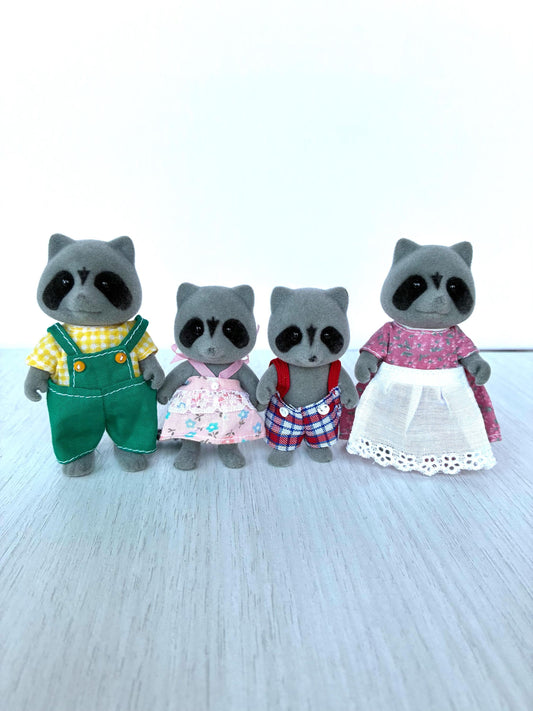 Vintage Sylvanian Families Chestnut Raccoon Family flocked figurines with gripping hands — Calico Critters collectible