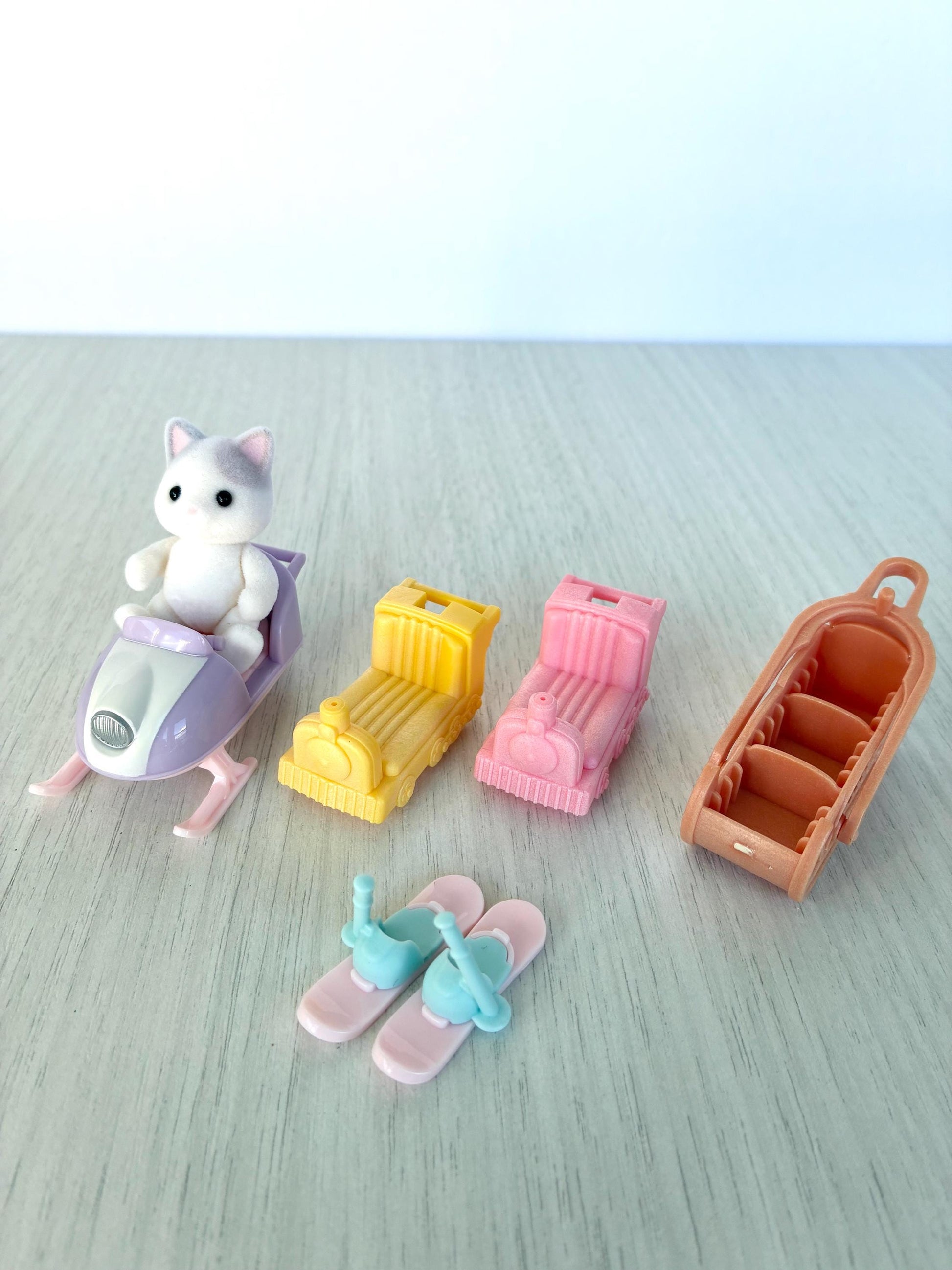 Calico Critters baby vehicles: ski doo, sled, skis, train — Sylvanian Families