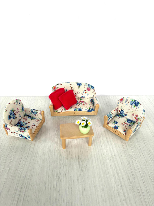 Rare Sylvanian Vintage Sofa Armchair Set, Floral Living Room Furniture — Calico Critters