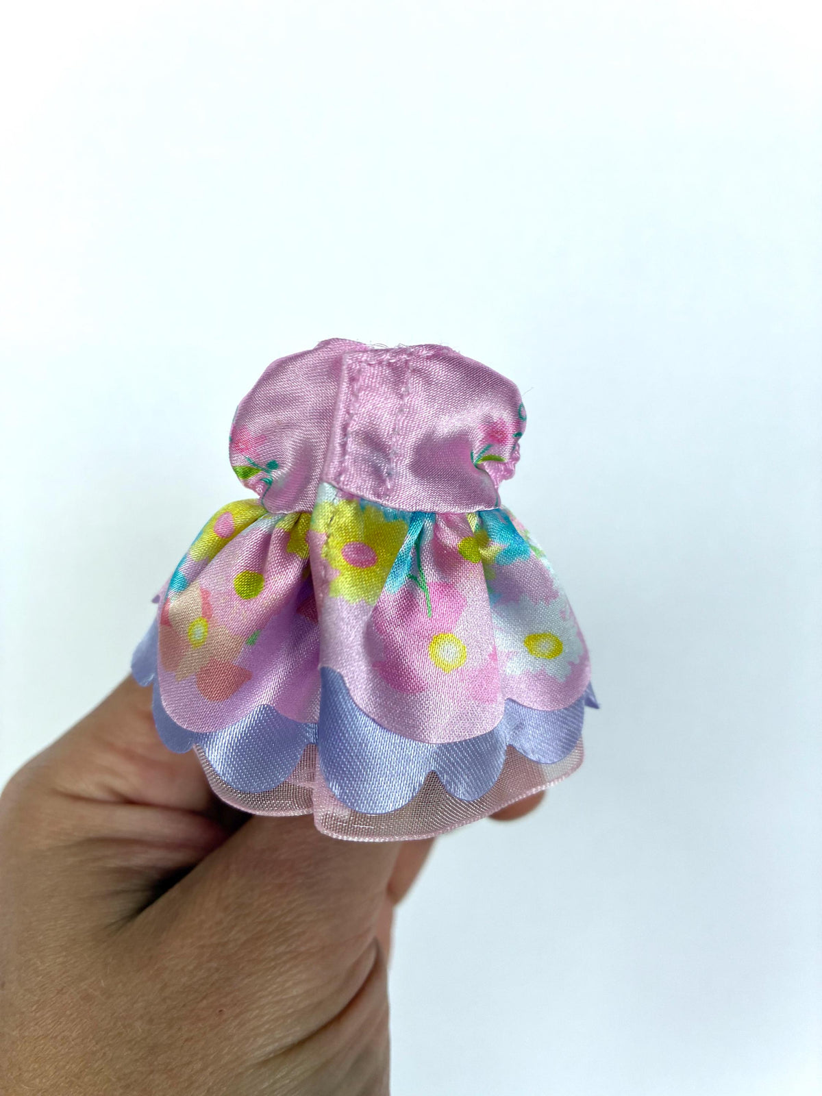 Back view of the lilac and purple Flowering Princess ruffle dress for child-size Sylvanian Families and Calico Critters figures.
