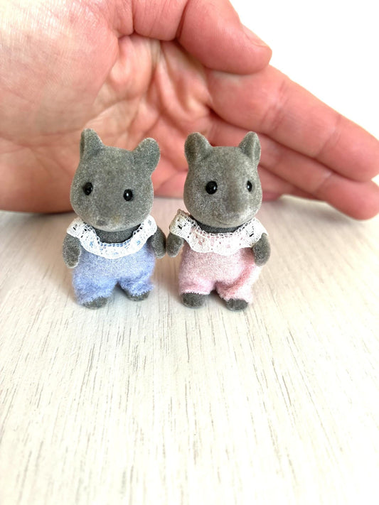Calico Critters Sylvanian Families grey mouse baby twins in blue and pink rompers, standing pair, front view