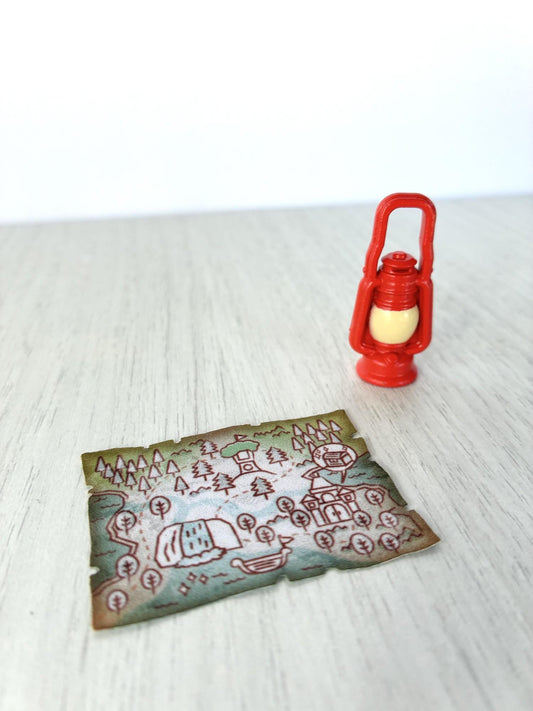 Calico Critters Sylvanian Families red camping lantern and adventure map, miniature camping accessories