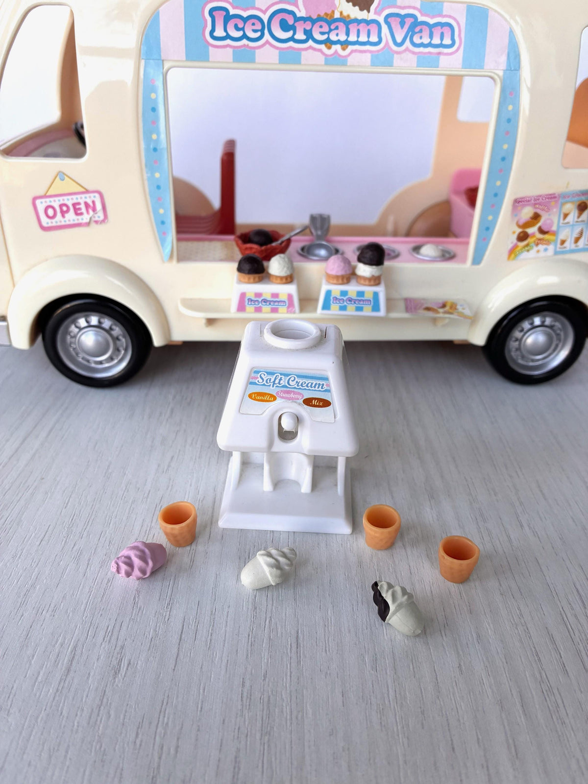 Sylvanian Families Calico Critters Ice Cream Van (Flair 4791) with the soft serve machine and cones in front of the serving counter
