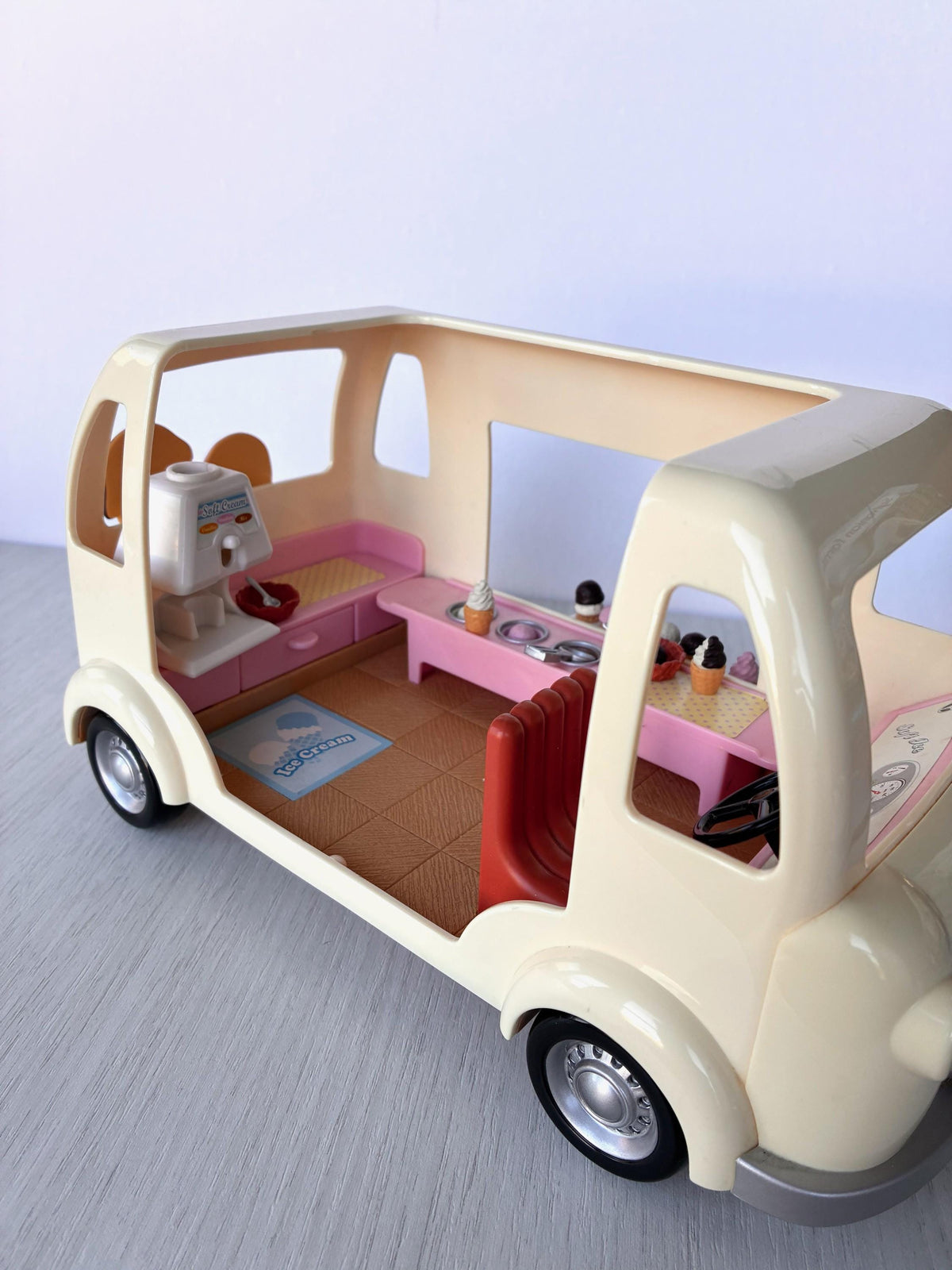 Sylvanian Families Calico Critters Ice Cream Van (Flair 4791) rear three-quarter view with the open serving side