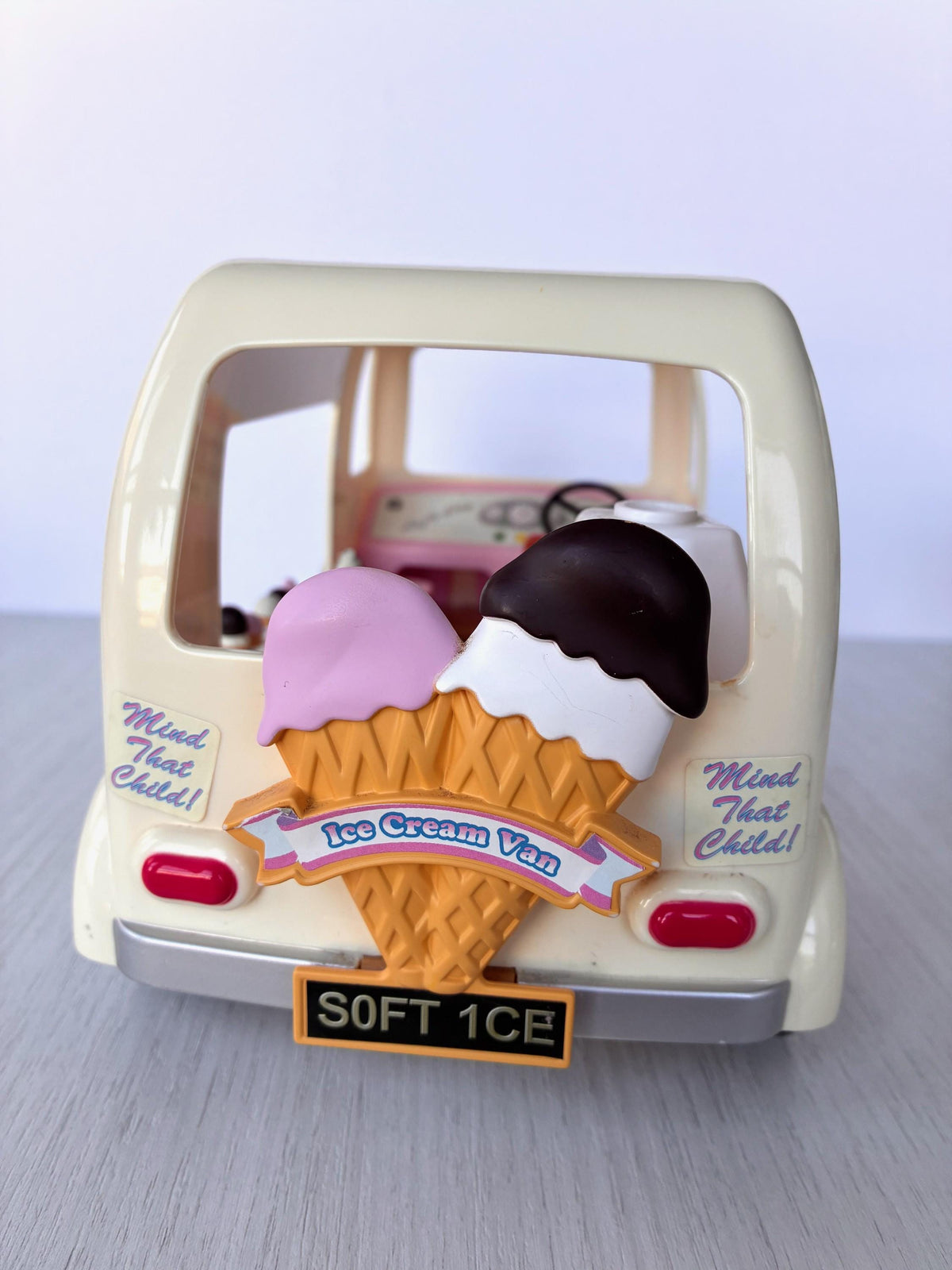 Sylvanian Families Calico Critters Ice Cream Van (Flair 4791) rear doors with the big ice cream cone decal and Mind That Child sign