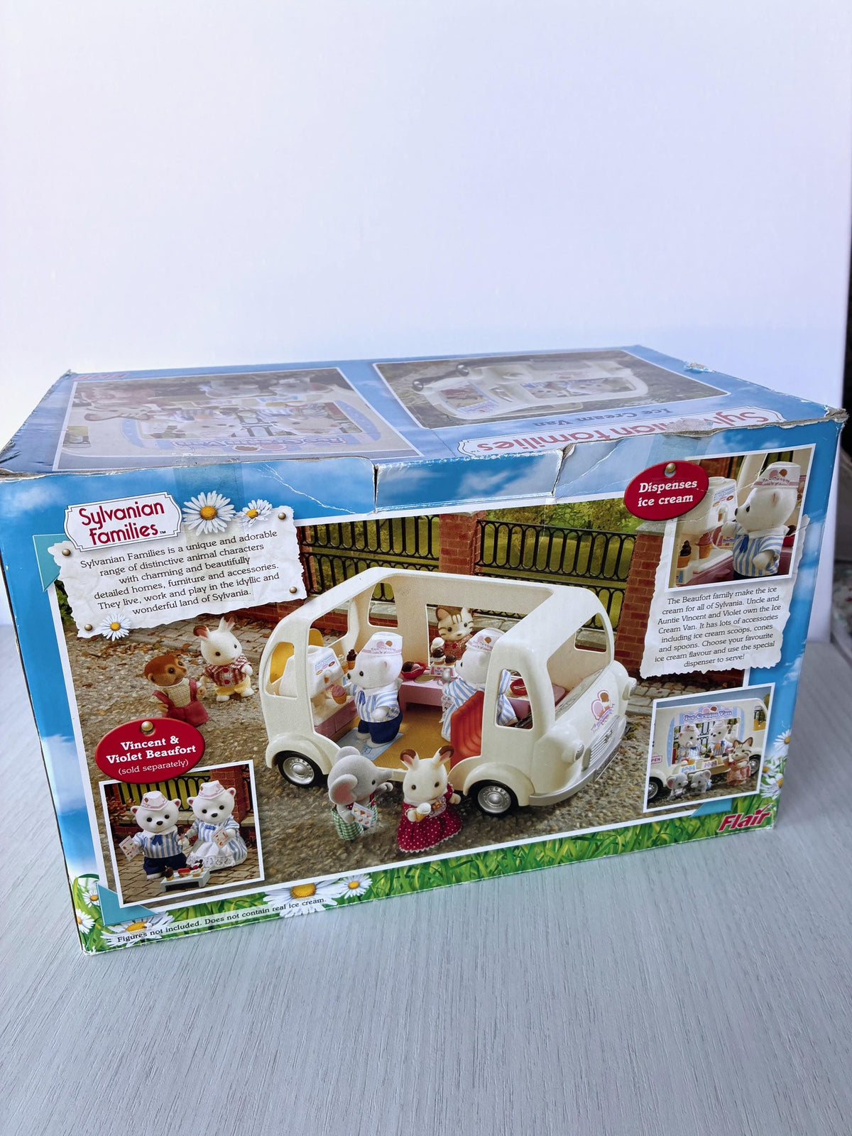Sylvanian Families Calico Critters Ice Cream Van (Flair 4791) back of the original Flair box showing wear to the top flap and corners