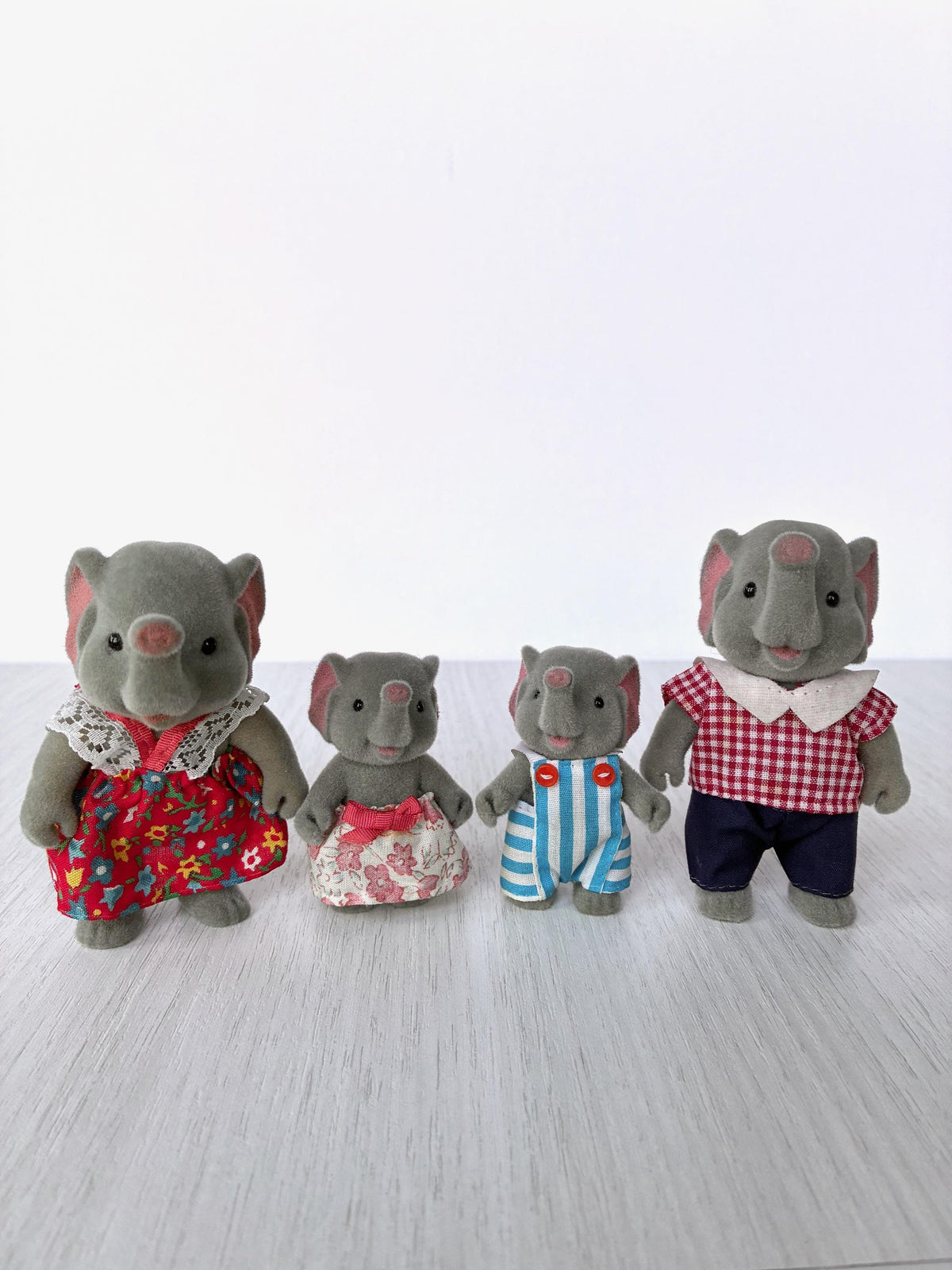 Forest Families Bärenwald Elephant Family of four, vintage 1980s flocked figures, Sylvanian Families and Calico Critters scale, CalicoCrittersCorner