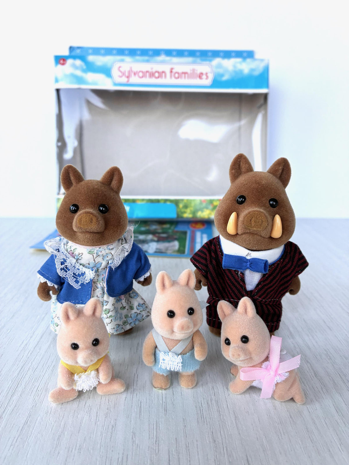 Sylvanian Families Calico Critters Wild Boar Family (Flair, boxed): Mum, Dad and the three triplet babies standing in front of the original blue Flair box