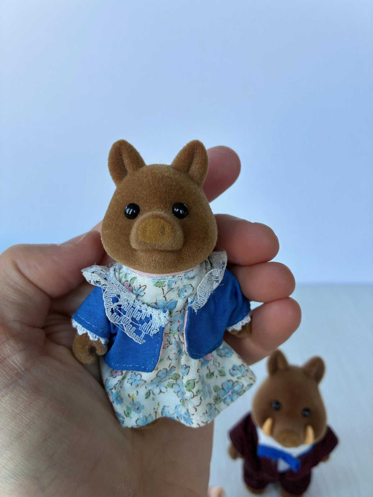 Sylvanian Families Calico Critters Wild Boar Family (Flair, boxed): Mum boar in hand, blue floral dress with lace collar and blue jacket
