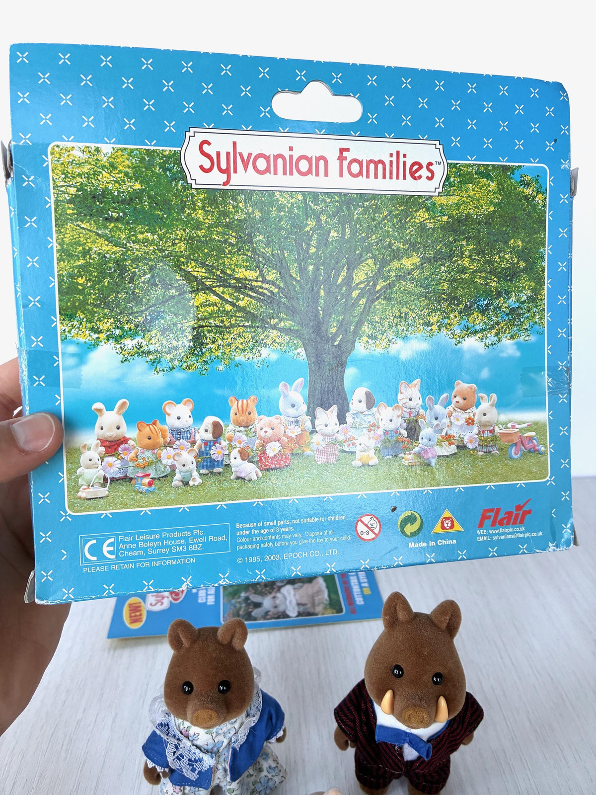 Sylvanian Families Calico Critters Wild Boar Family (Flair, boxed): original Flair box back, © 1985, 2003 Epoch, Made in China