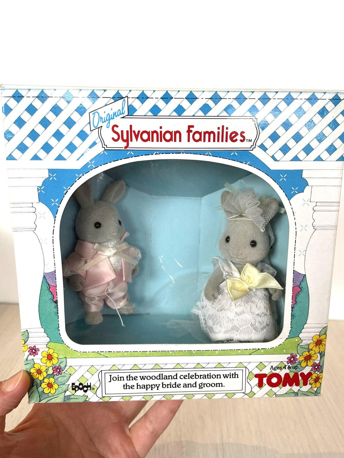 Original TOMY-era Sylvanian Families wedding box front with window and both figures inside — Calico Critters