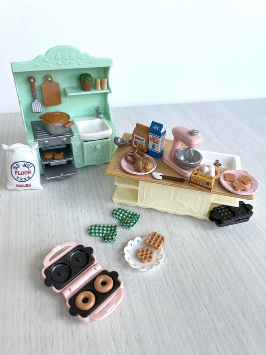 Complete mint green kitchen and baking set with dresser, island, mixer and food — Calico Critters and Sylvanian Families