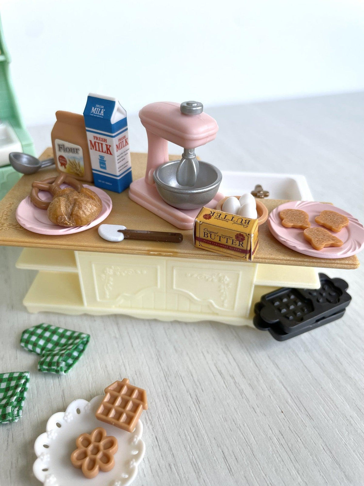 Prep island loaded with croissants, milk, flour, butter and the pink stand mixer — Calico Critters and Sylvanian Families